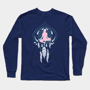 yoga pose woman feminism pink rose feathers meditation Long Sleeve T-Shirt